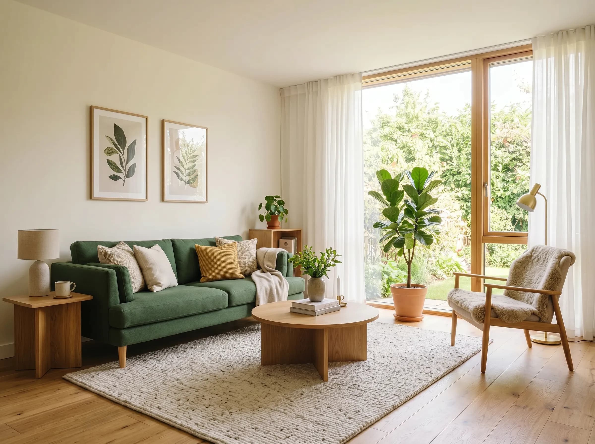 The same living room rearranged with the sofa against the left wall